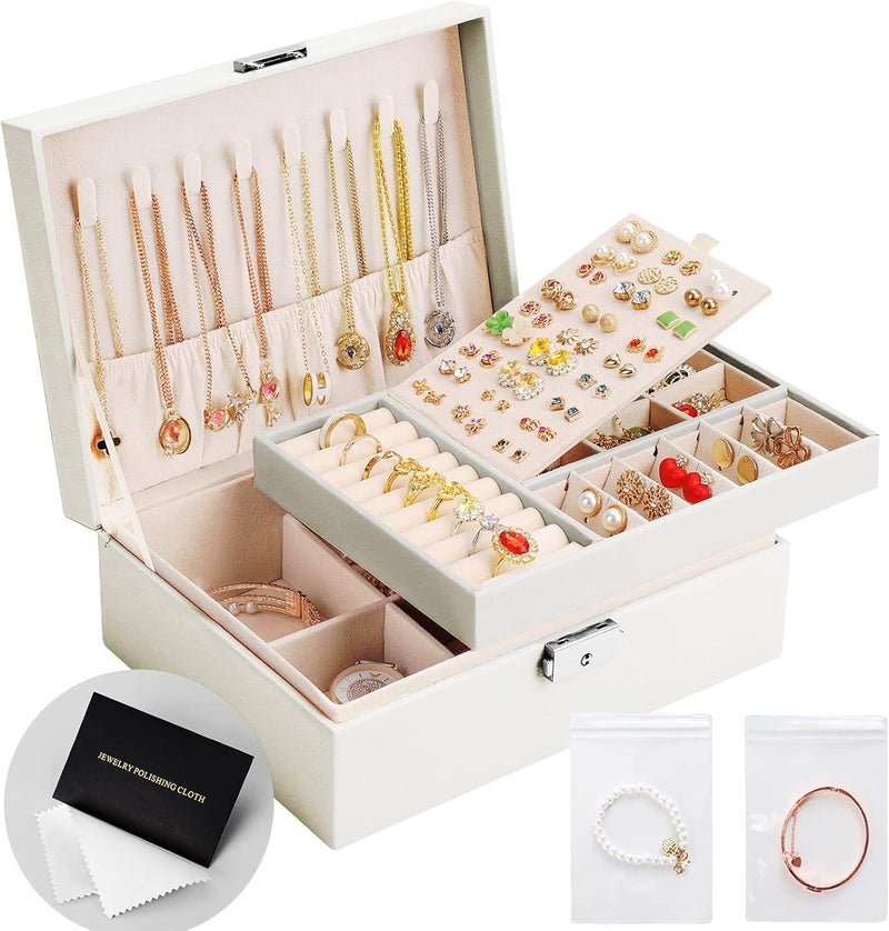 Sanikeon Jewelry Box Organizer for Women Girls 2 Layer Leather Travel Jewelry Storage Case with Lock and Removable Tray for Necklace Earrings Rings Bracelets Gift, Come with Polishing Cloth and Jewelry Bags - Image 1
